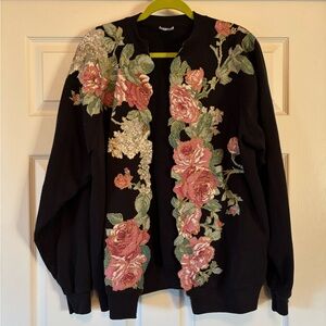 Hanes Black Bomber Jacket with Floral Embroidery